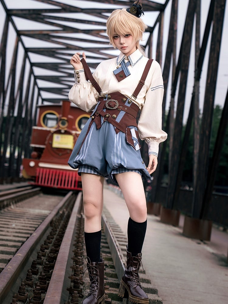 Beige Blue Lolita Shirt with Cross Bow Tie Accent - Unknown Star