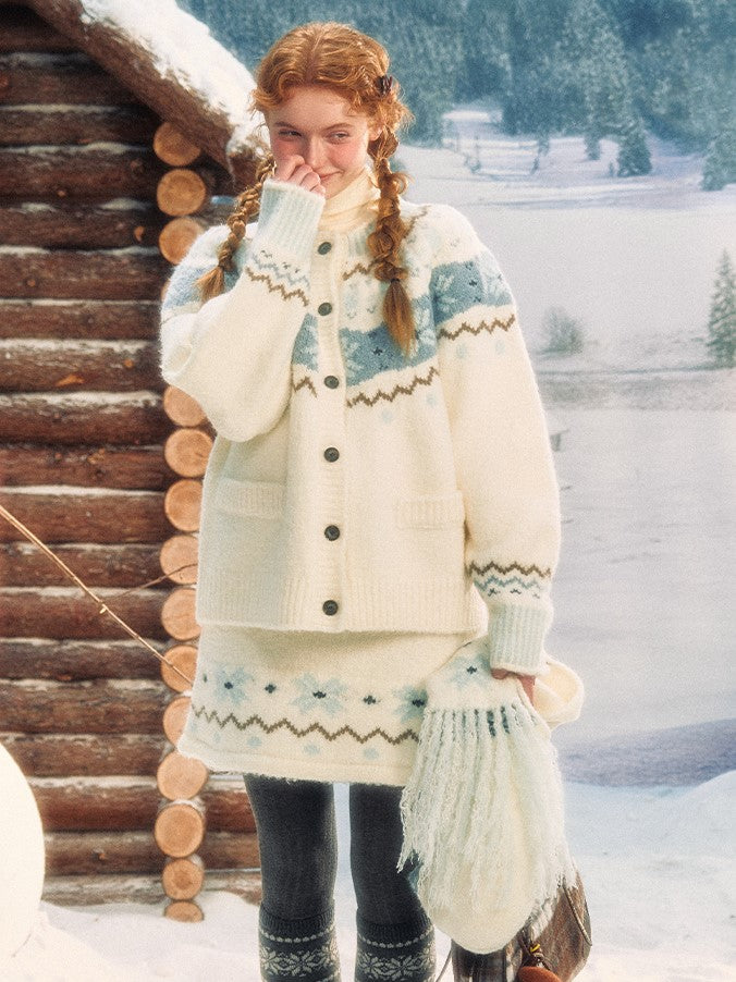 Pattern Knit White Vintage Skirt Snowflake