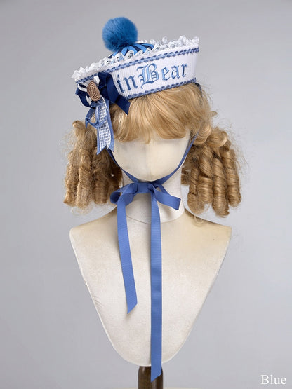 Bear Embroidered Sailor Lolita Hat with Pom-Pom - Twin Bear Original Design