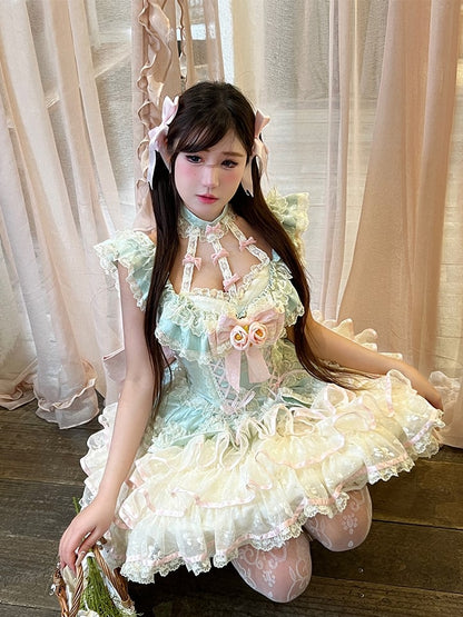 Stufenrock Neckholder Kei Fee Rüschen Hals Korsett Spitze Prinzessin Kleid Taille Mintgrün