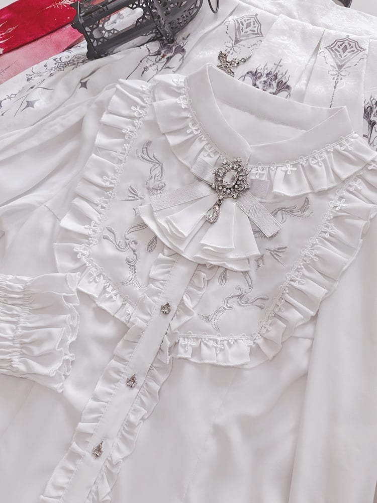 Details and Tie Bow Detachable with Ruffled White Gothic Blouse Embroidered