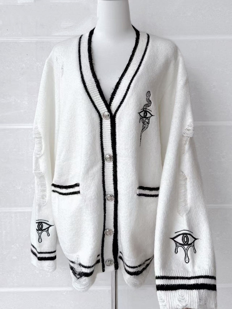 mit Augen- und Schlangenstickerei Distressed Holes Strickjacke Weiß