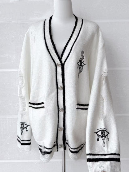 mit Augen- und Schlangenstickerei Distressed Holes Strickjacke Weiß