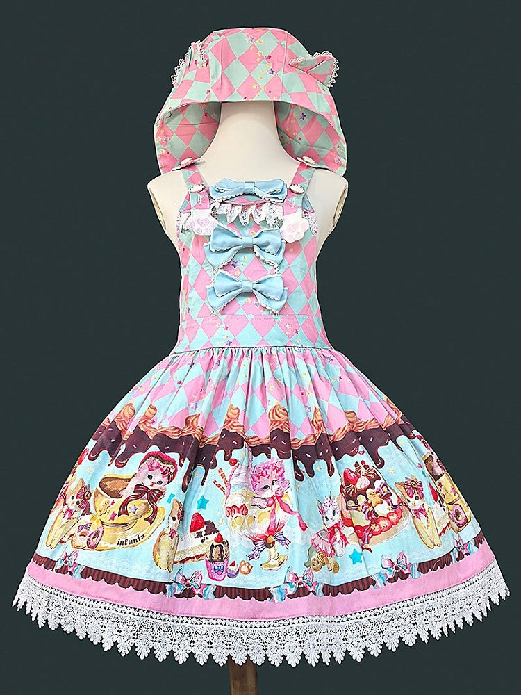 Lolita with Dessert Ear Cat Diamond and Sweet Hood Dress Print Pattern Overall Pink Green