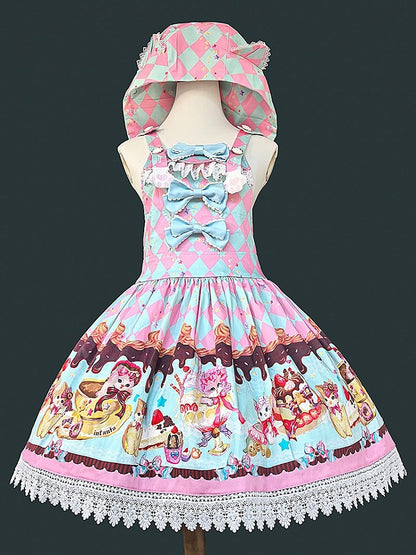 Lolita with Dessert Ear Cat Diamond and Sweet Hood Dress Print Pattern Overall Pink Green