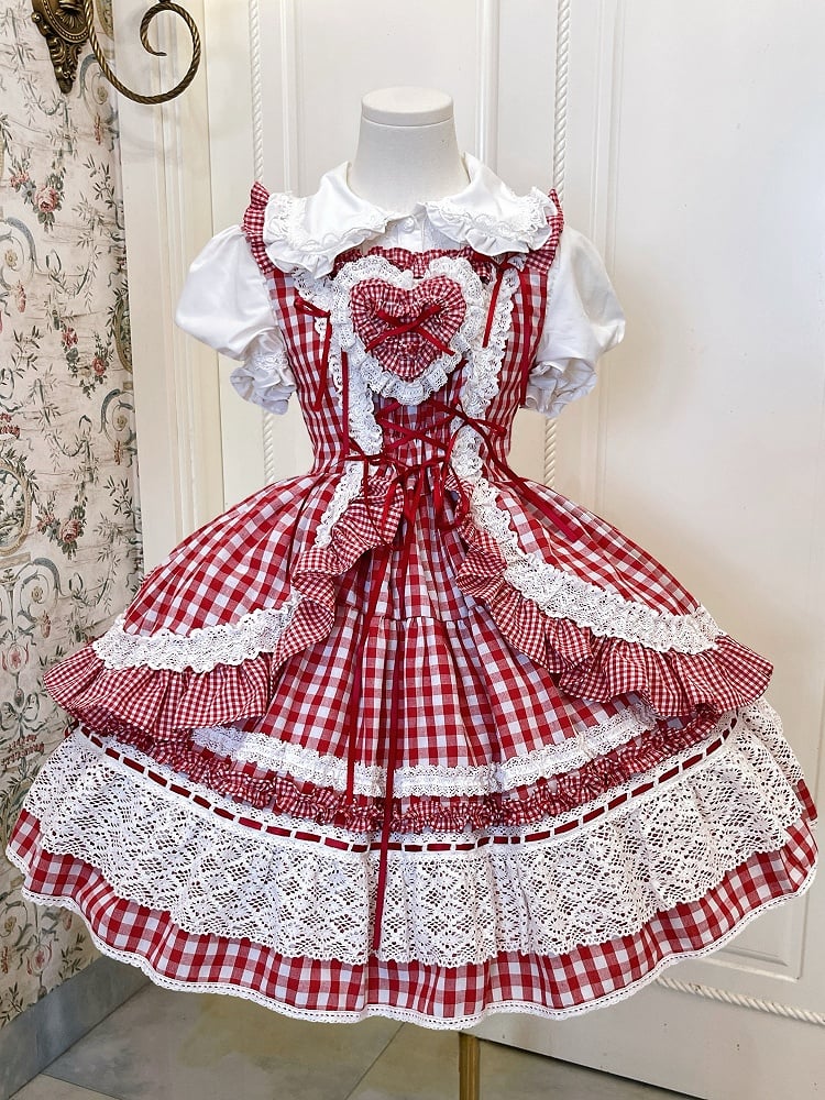 Schule Lolita Alter weißer Rock und Kleid Roter Pullover Gingham