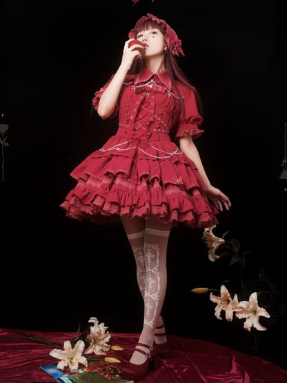 Punk Goth Red Short Jumper Skirt Adjustable Criss-cross Straps Waist