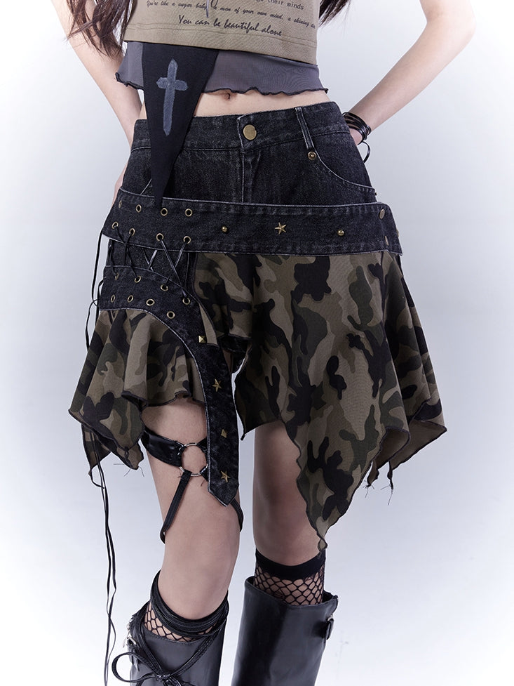 Waist Camo Handkerchief Hem Low Detail Lace-up Distressed Denim Skort