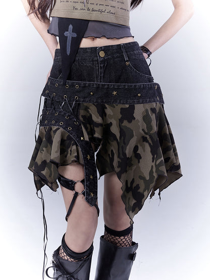Waist Camo Handkerchief Hem Low Detail Lace-up Distressed Denim Skort