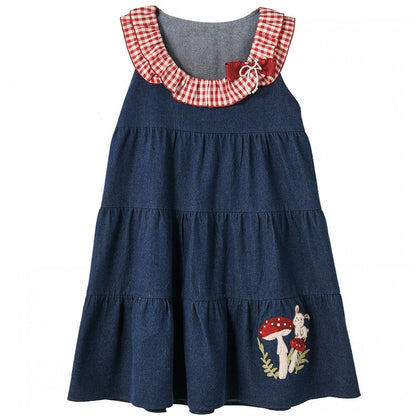 Bunny and Mushroom Embroidery Red Navy Blue Sleeveless Dress Neckline Plaid
