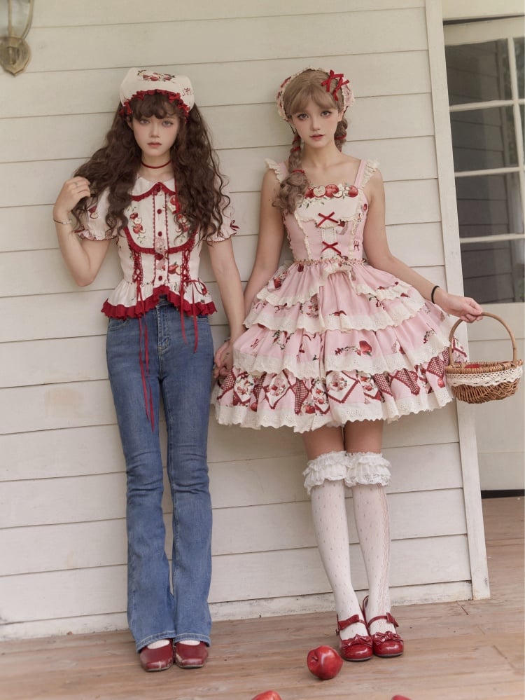 レッドのレースアップディテール、アップルとプリントの半袖トップス