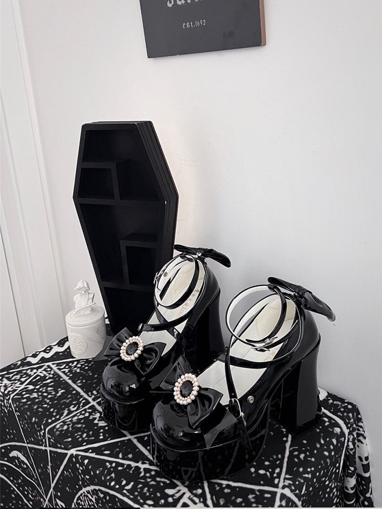 Black Bow Platform Block Heel Shoes - Witch's Night