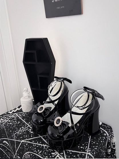 Black Bow Platform Block Heel Shoes - Witch's Night