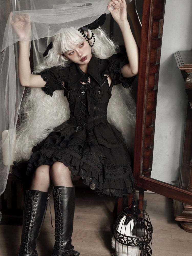 Black Gothic Short Jumper Skirt Adjustable Criss-cross Straps Waist