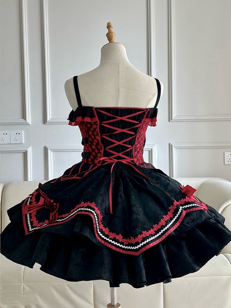 Gothic Bat Black Cross Embroidery Lolita Front Red JSK and Buckle Side Zip