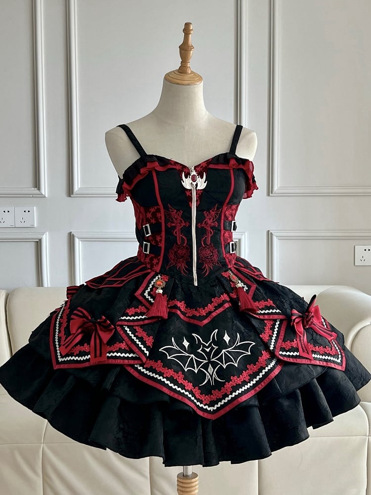 Gothic Bat Black Cross Embroidery Lolita Front Red JSK and Buckle Side Zip