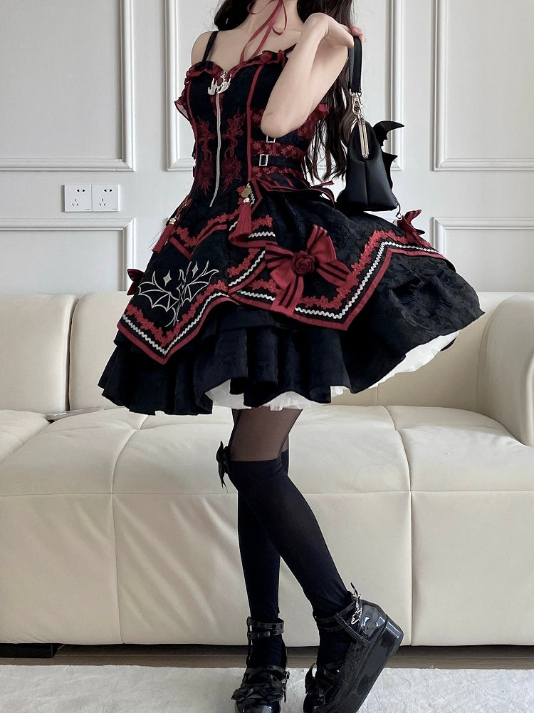 Gothic Bat Black Cross Embroidery Lolita Front Red JSK and Buckle Side Zip