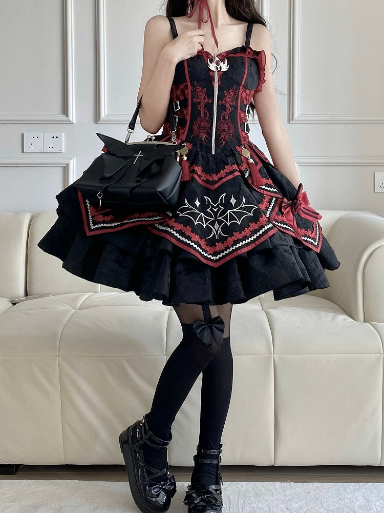 Gothic Bat Black Cross Embroidery Lolita Front Red JSK and Buckle Side Zip