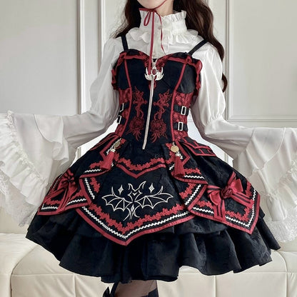 Gothic Bat Black Cross Embroidery Lolita Front Red JSK and Buckle Side Zip