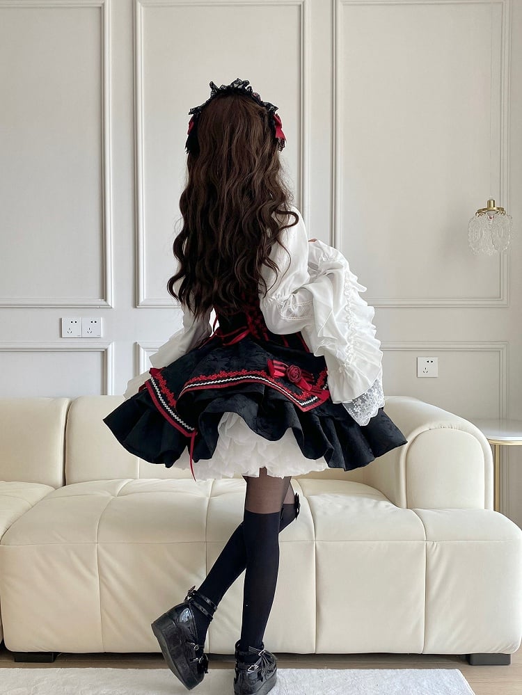 Gothic Bat Black Cross Embroidery Lolita Front Red JSK and Buckle Side Zip