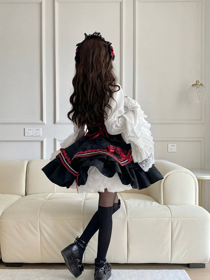 Gothic Bat Black Cross Embroidery Lolita Front Red JSK and Buckle Side Zip