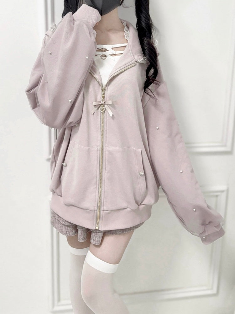 Kei Sweet Hoodie: Jirai Detailed with Edgy Dusty Pink Bunny-Ear Beadwork