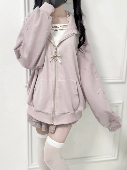 Kei Sweet Hoodie: Jirai Detailed with Edgy Dusty Pink Bunny-Ear Beadwork