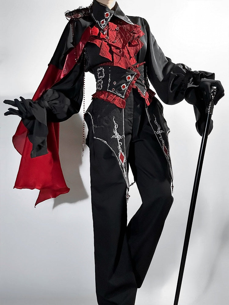 Ouji Lolita Gothic Shirt, Long Pants and Corset Set with Capelet in Black & Red - Unknown Star