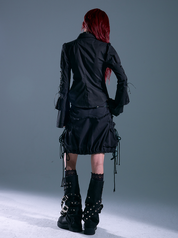 Distressed Side - Design Black Skirt Punk Pockets Drawstring