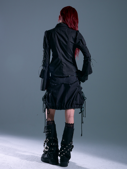 Distressed Side - Design Black Skirt Punk Pockets Drawstring
