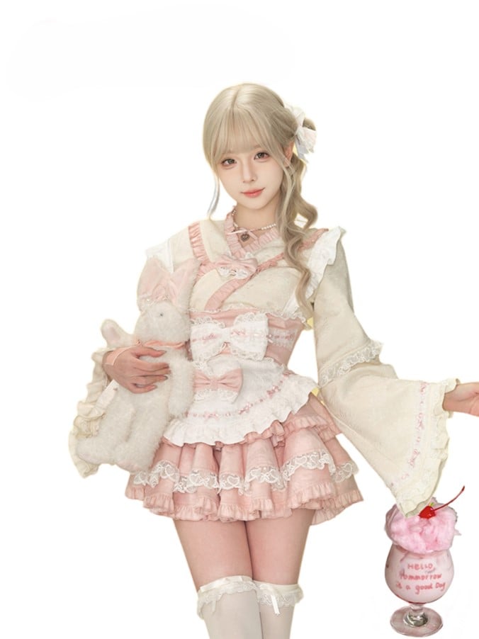 Sash with Pink and White Lace Apron Bow Trim Accents