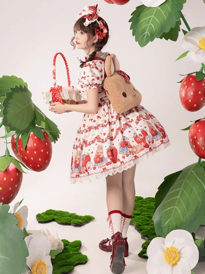 Frühlings-Erdbeer- und Kaninchen-Print, Spitzenbesatz, Schleife, Akzente, Beige, süßes Lolita-Kleid, einteilig