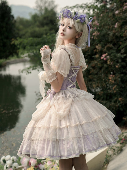 Balletcore Top Corset + Print Skirt Lolita Princess Purple Light Boned Floral