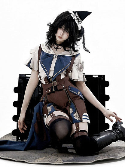 Overall Steampunk + - Blaues Outfit Gestreiftes Hemd Kragen Schleppe Ouji Lolita Shorts Brauner Matrose