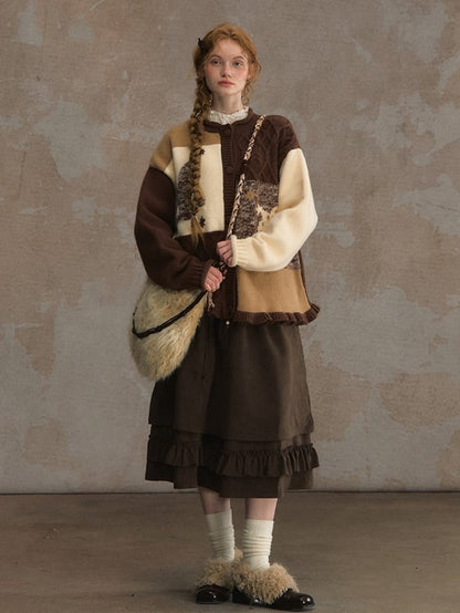 Pony Brown Knitted Patchwork Beige with Vintage Cardigan Motif