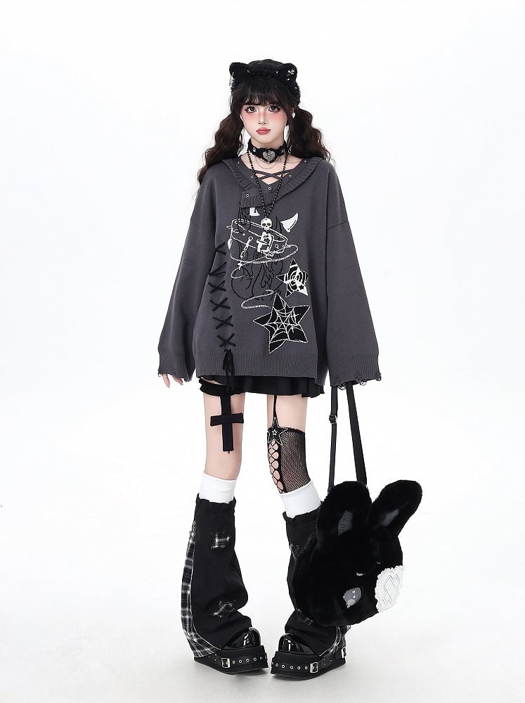 Black/Gray Lace-Up Sweater with Spiderweb Pentagram  Choker Print Gothic