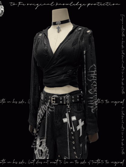 Strap Punk Schwarz Distressed Löcher mit Kapuze Strickjacke Glamouröse Selbst-krawatte