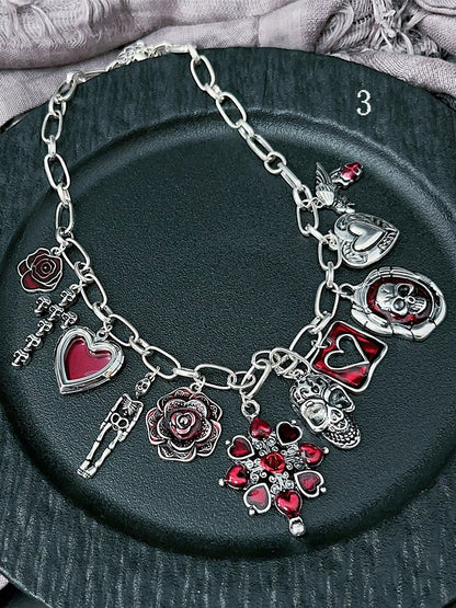 Optionen Blumen und 3 Skelett Y2K Halskette Herz Anhänger