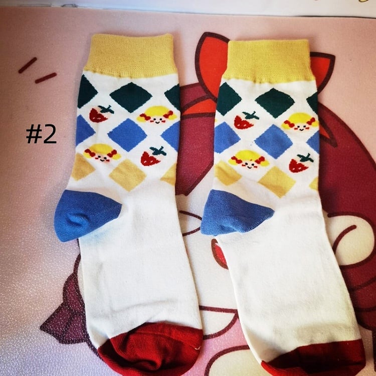 スイートロリータケーキストロベリー蝶結びプリントカーフソックス