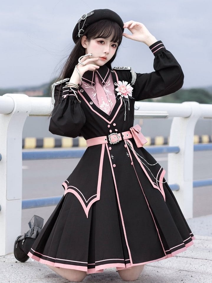 Pink with Military and Design Belt V-neck Lolita Black Ruffled Dress Details Buttons