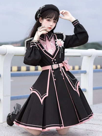 Pink with Military and Design Belt V-neck Lolita Black Ruffled Dress Details Buttons
