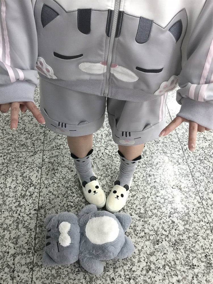 Elastic Shorts Gray Daily Waist Design Kawaii Cat with