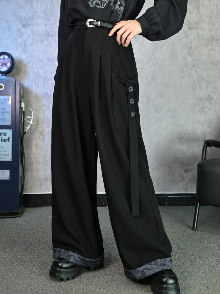 Gothic Print Wide-Leg Flowing Cheongsam with Tie Details Pants Five-Poison Cuffed Black