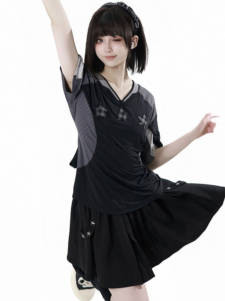 ロング/ショートバージョン ブラック ゴムウエスト スタースタッズスカート