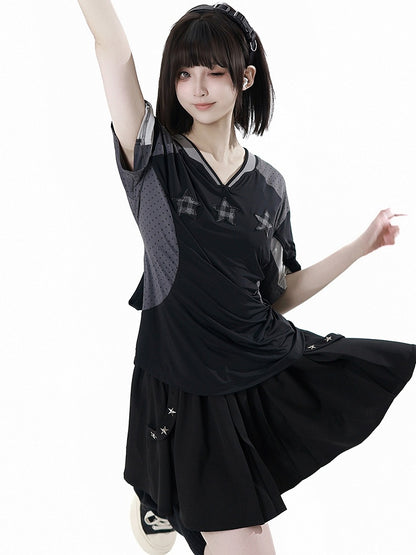 ロング/ショートバージョン ブラック ゴムウエスト スタースタッズスカート