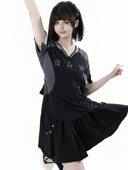 T-Shirt Stern Applikationen V-Ausschnitt Sport Colorblock Design Kariert Schwarz/Grau