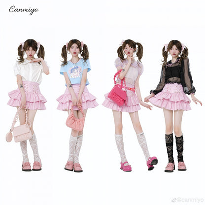 レザーPUスカート ハイウエスト ピンク ティアード