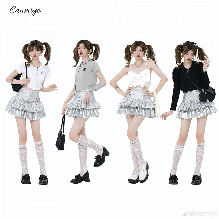 Tiered Skirt Leather PU Silver High Waist