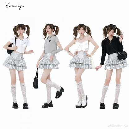 Tiered Skirt Leather PU Silver High Waist