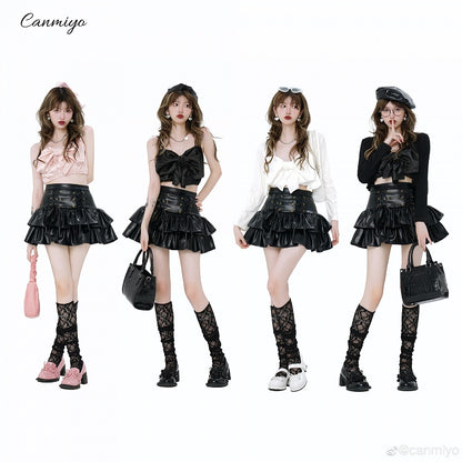 ハイウエストPUレザーティアードブラックスカート